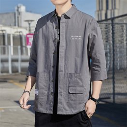 Men Cotton Workwear Casual Three Quarter Sleeve Gray Shirt