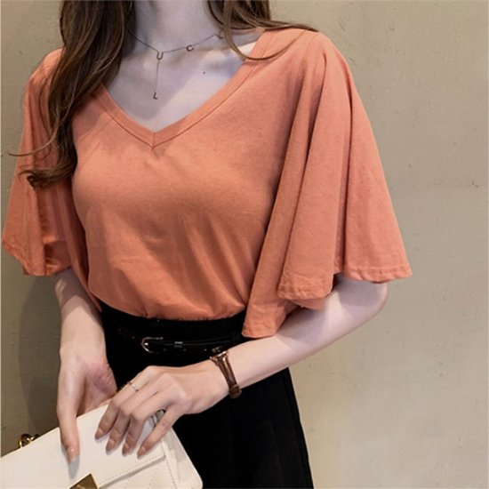 Women Fashion Solid Color V-Neck All-Match Trumpet Sleeve Top